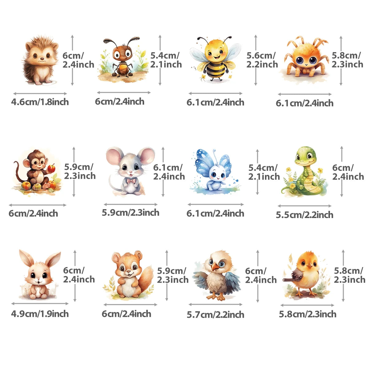Stickers animaux mignons avec dimensions en cm et pouces, idéaux pour enfants et décoration