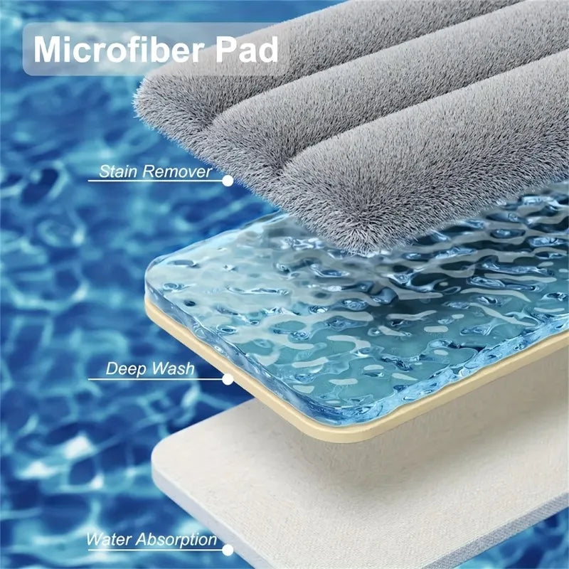 Ensemble serpillière plate et seau mains libres avec 4 tampons en microfibre réutilisables, 360° °   Tête pivotante, long manche pour le nettoyage des sols et des murs
