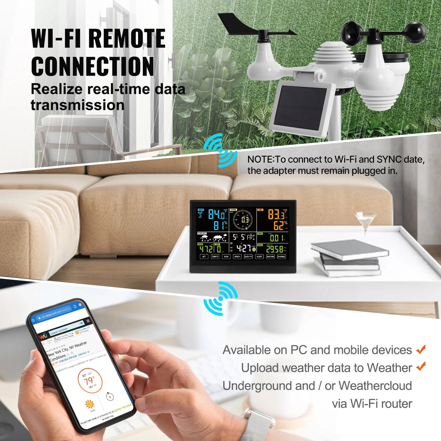 Station météo Wi-Fi 7-en-1 SucceBuy avec écran couleur de 7,5 pouces + capteur extérieur solaire sans fil, alertes de température et d'humidité