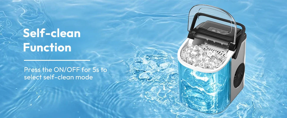 Machine à glaçons portable avec fonction auto-nettoyante, glaçons frais sur fond d'eau bleue
