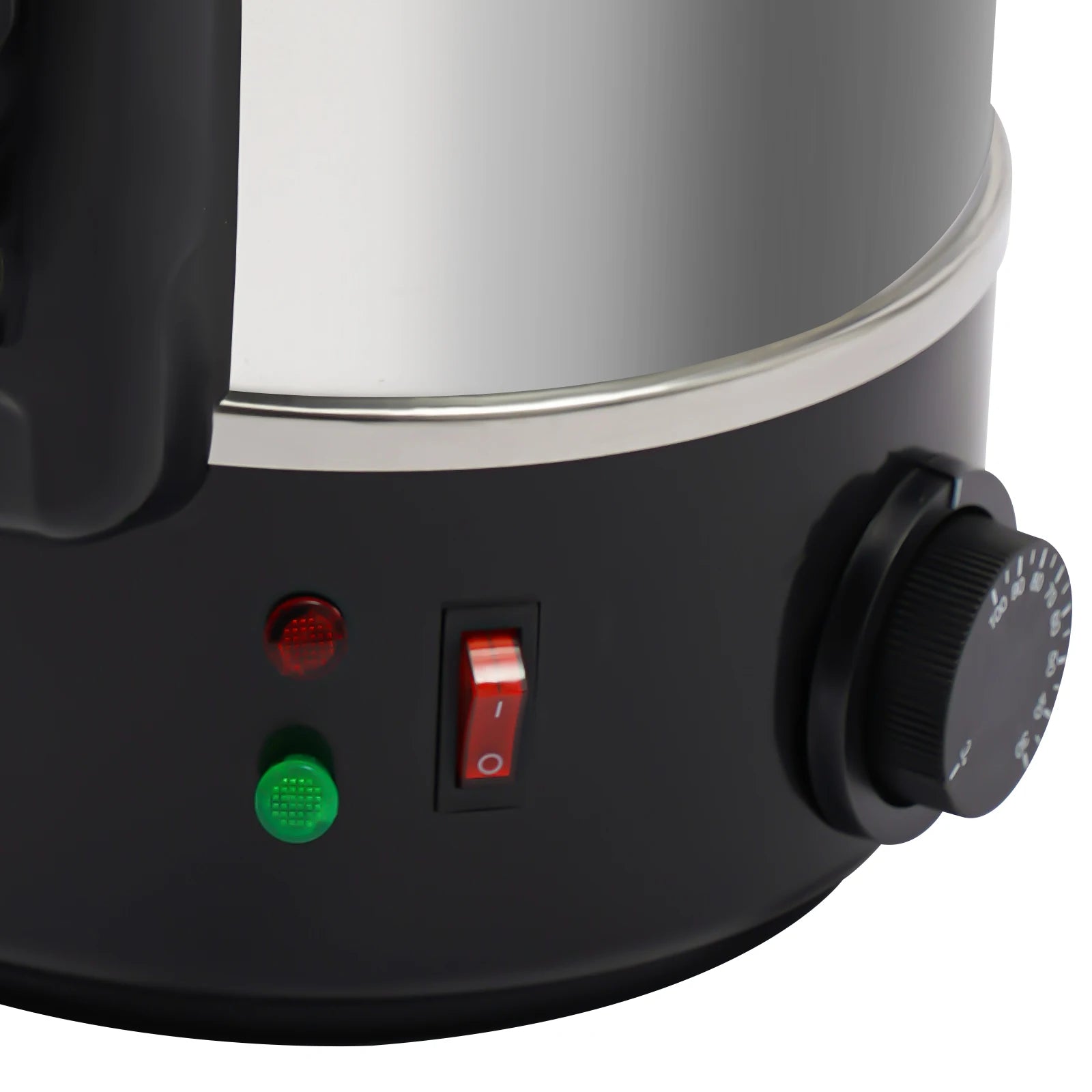 Machine à café noir avec interrupteur rouge, voyants lumineux et bouton de réglage de température