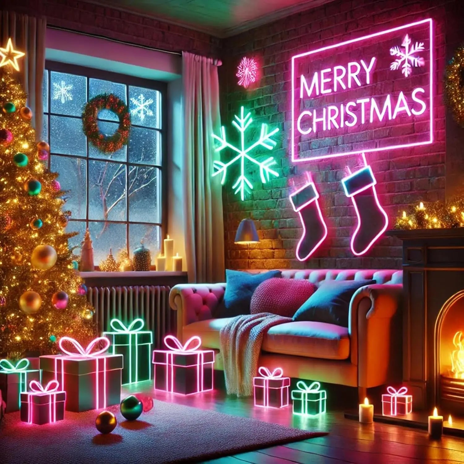 Décoration de Noël avec guirlandes néon, sapin illuminé et cadeaux colorés pour une ambiance festive