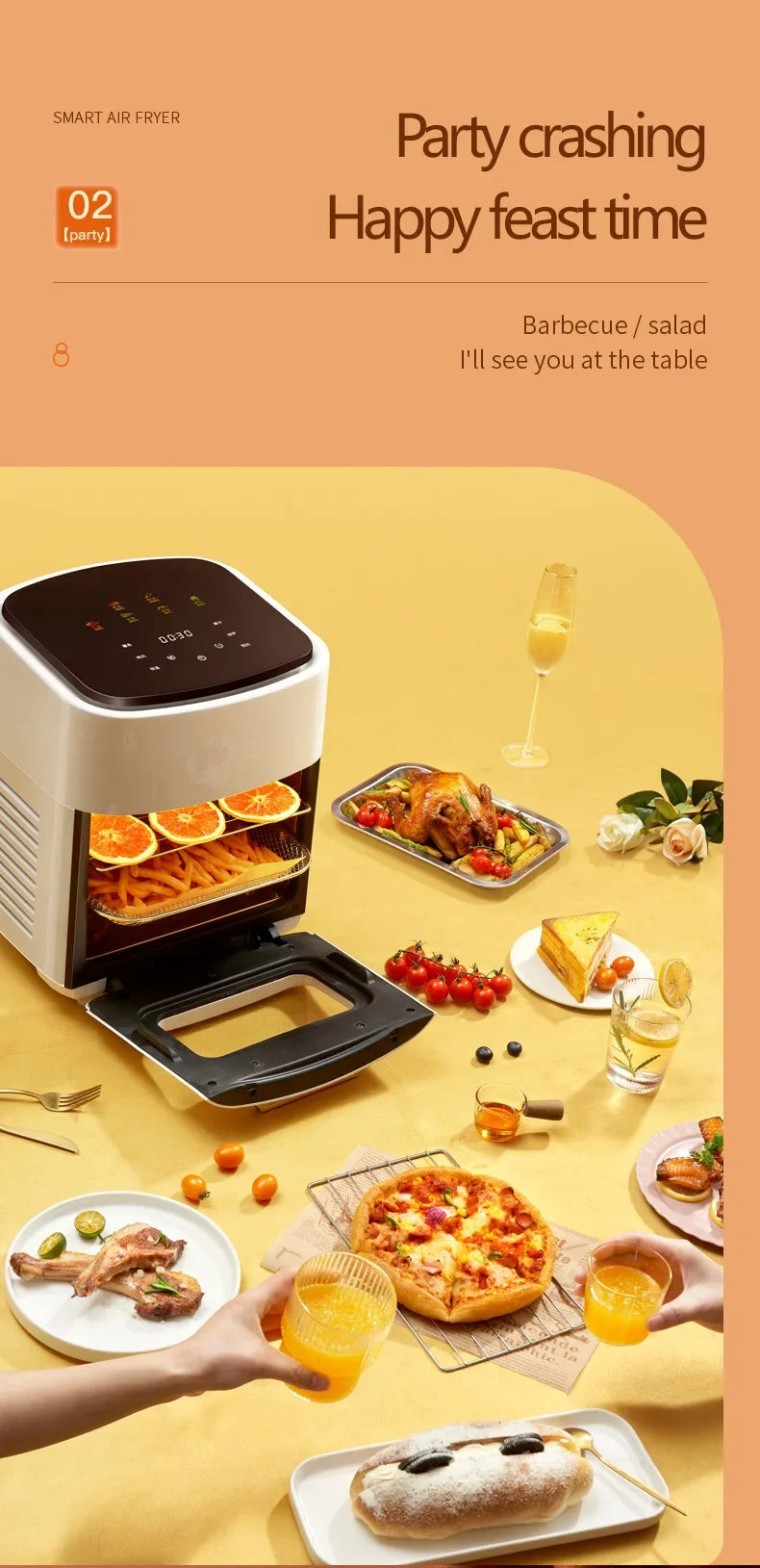 Friteuse à air chaud intelligente avec frites, poulet et pizza, idéale pour repas festifs et barbecue