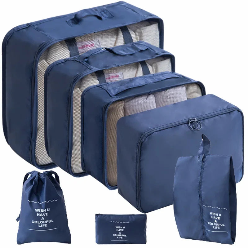 Ensemble de 10/7 pièces, organisateur de voyage, sacs de rangement, valise, Cubes d'emballage, étuis portables, garde-robe, bagages, vêtements, pochette à chaussures pliable
