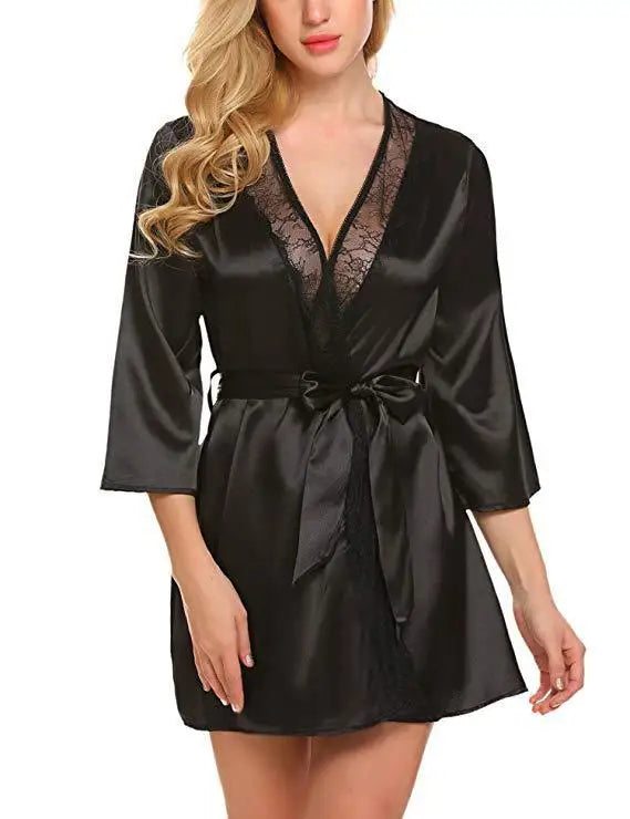 Robe de Nuit Sexy en Satin et Dentelle pour Femme, Chemise Courte, Kimono, Peignoir, Lingerie, Douce, Confortable, Noire, Grande Taille