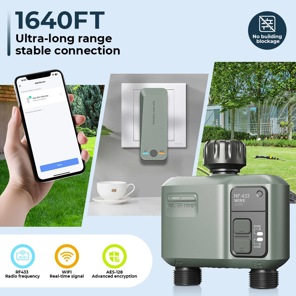 Programmateur d'arrosage automatique Tuya Wifi+RF433 à 2 prises pour l'extérieur, arrosage précis et programmable