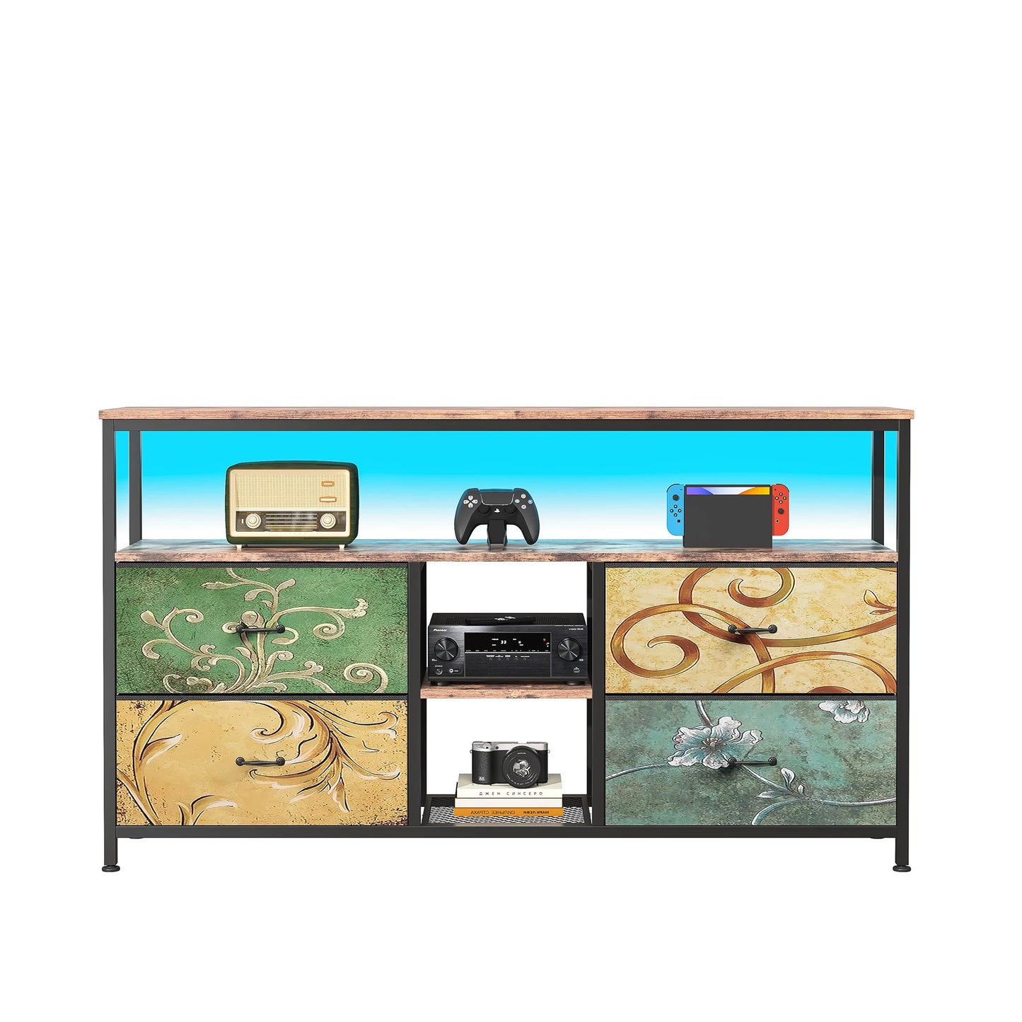 Rosahqnda Meuble TV avec 4 tiroirs, meuble TV, étagères réglables, table TV, meuble TV meuble de salon
