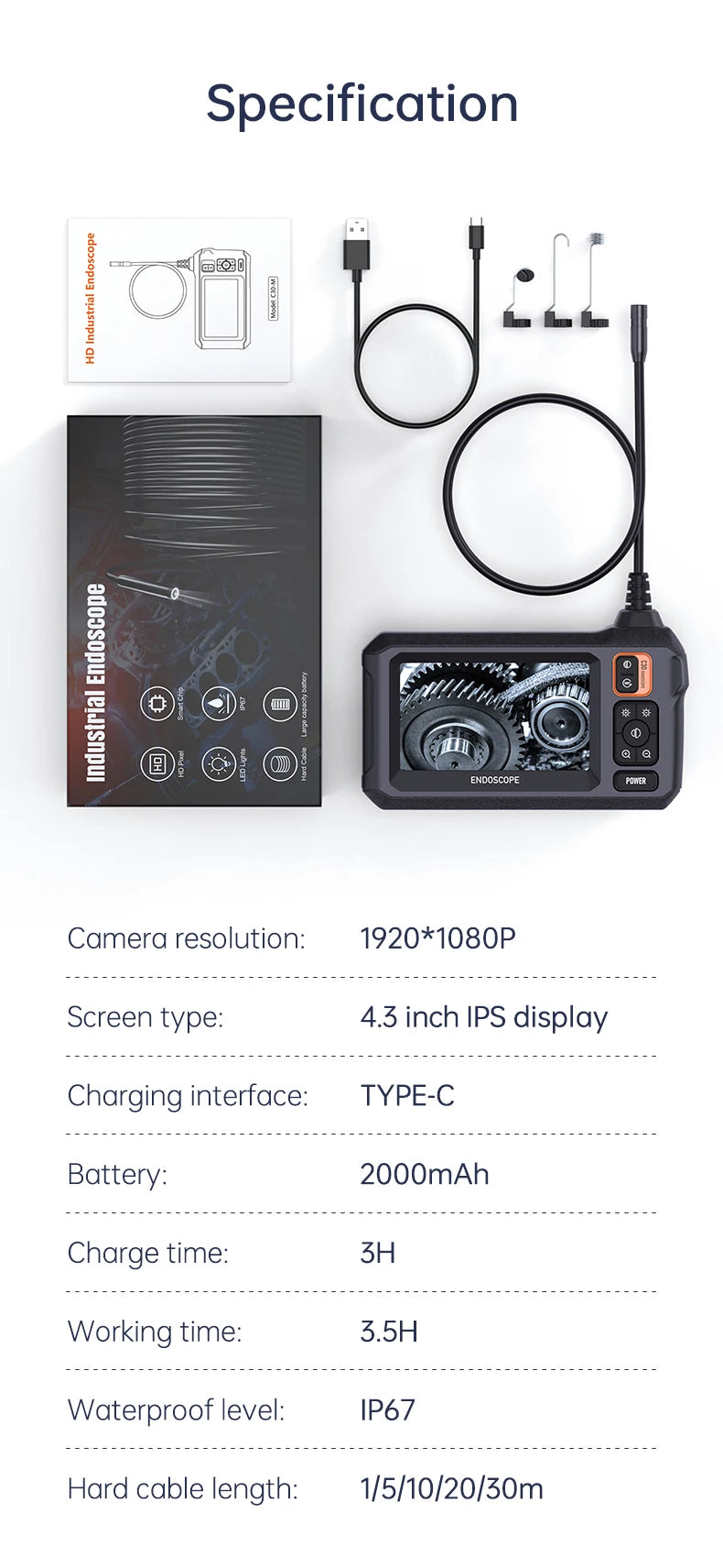 Caméra endoscopique industrielle HD1080P, 8mm, écran IPS 4.3 pouces, 1080P, pour inspection de tuyaux, réparation automobile, étanchéité IP67, 8 LED
