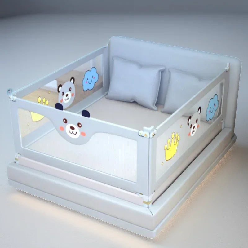 Barrière de lit bébé avec motifs ours et nuages, sécurité enfant, design doux et coloré