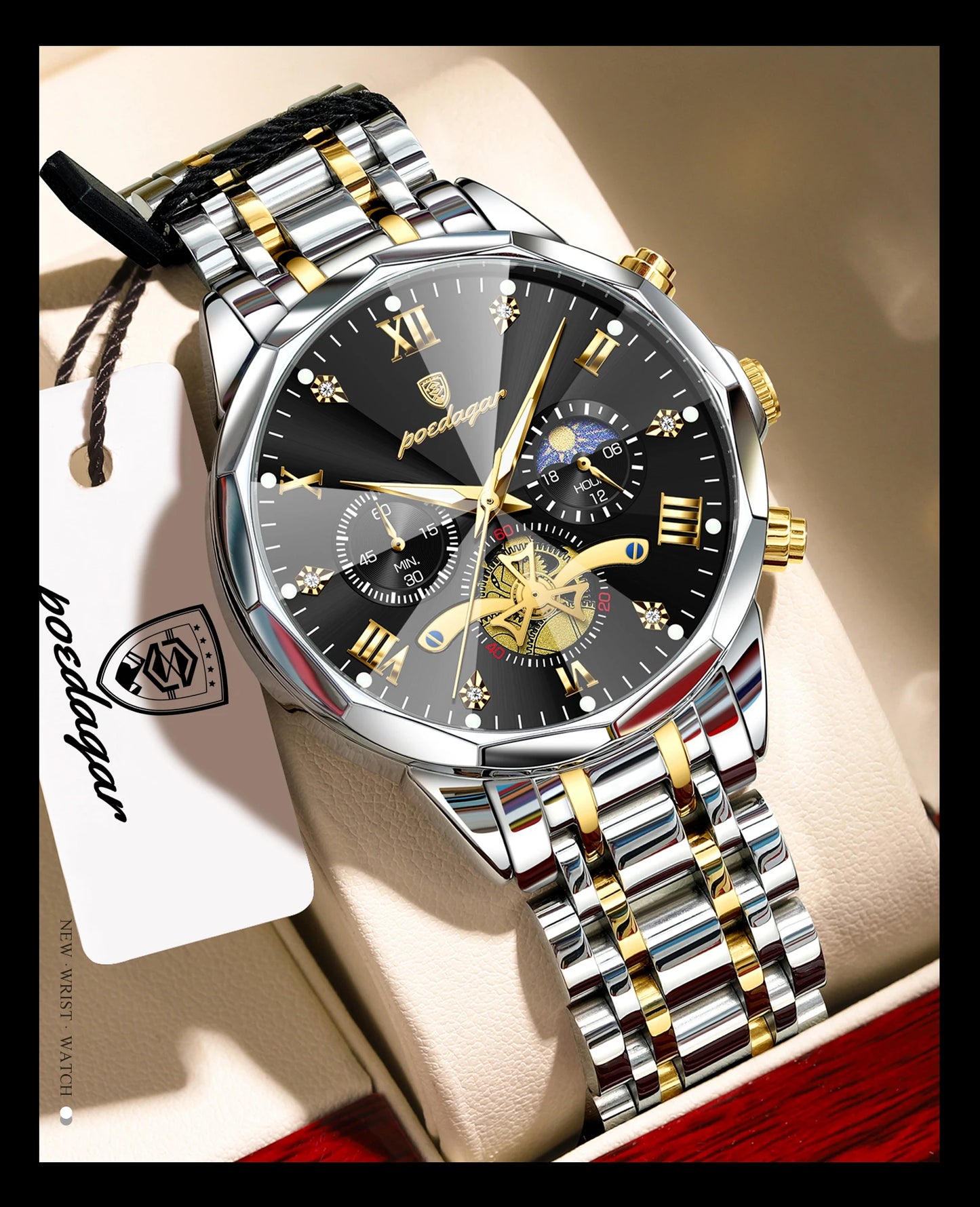 POEDAGAR Montre de luxe pour homme, étanche, chronographe lumineux, montre sport pour homme, acier inoxydable, montre à quartz tendance pour homme, Reloj