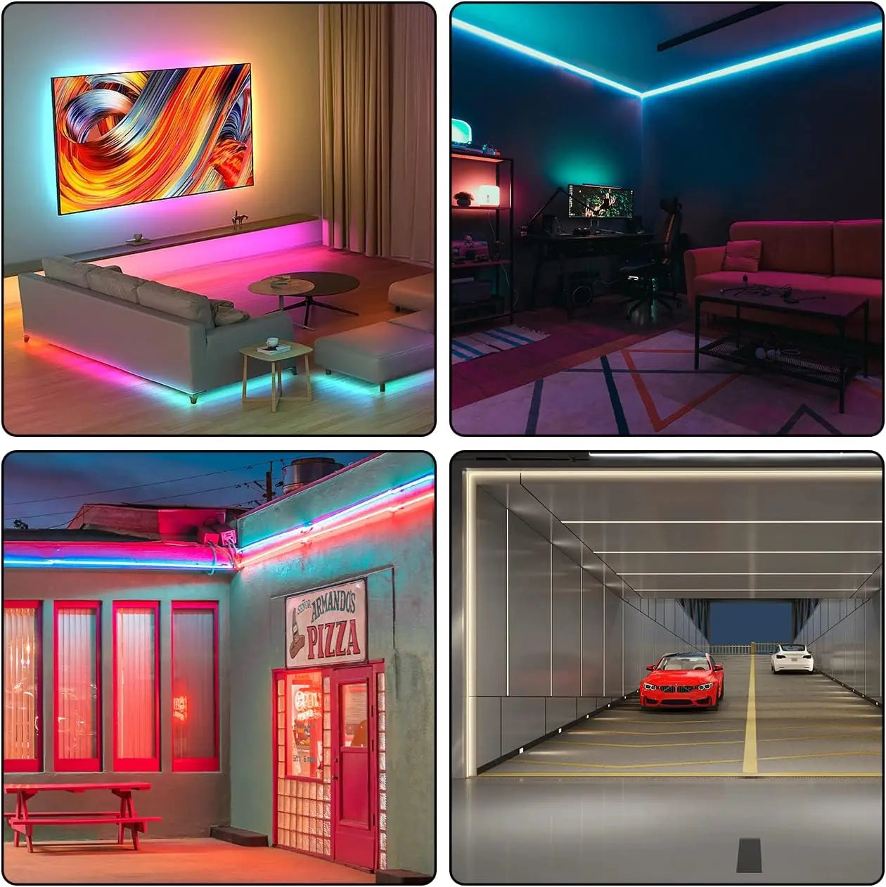 Bandes LED RGB pour salon, bureau, façade et garage — éclairage décoratif et ambiance colorée