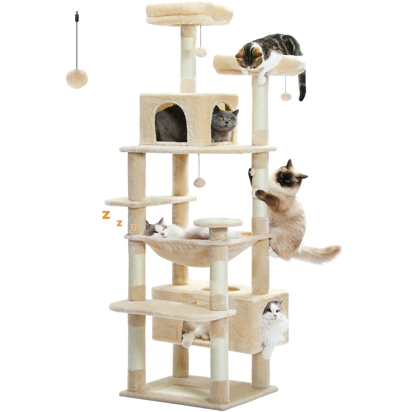 Arbre à chat beige avec plusieurs niveaux, niches et griffoirs, idéal pour chats joueurs et dormeurs