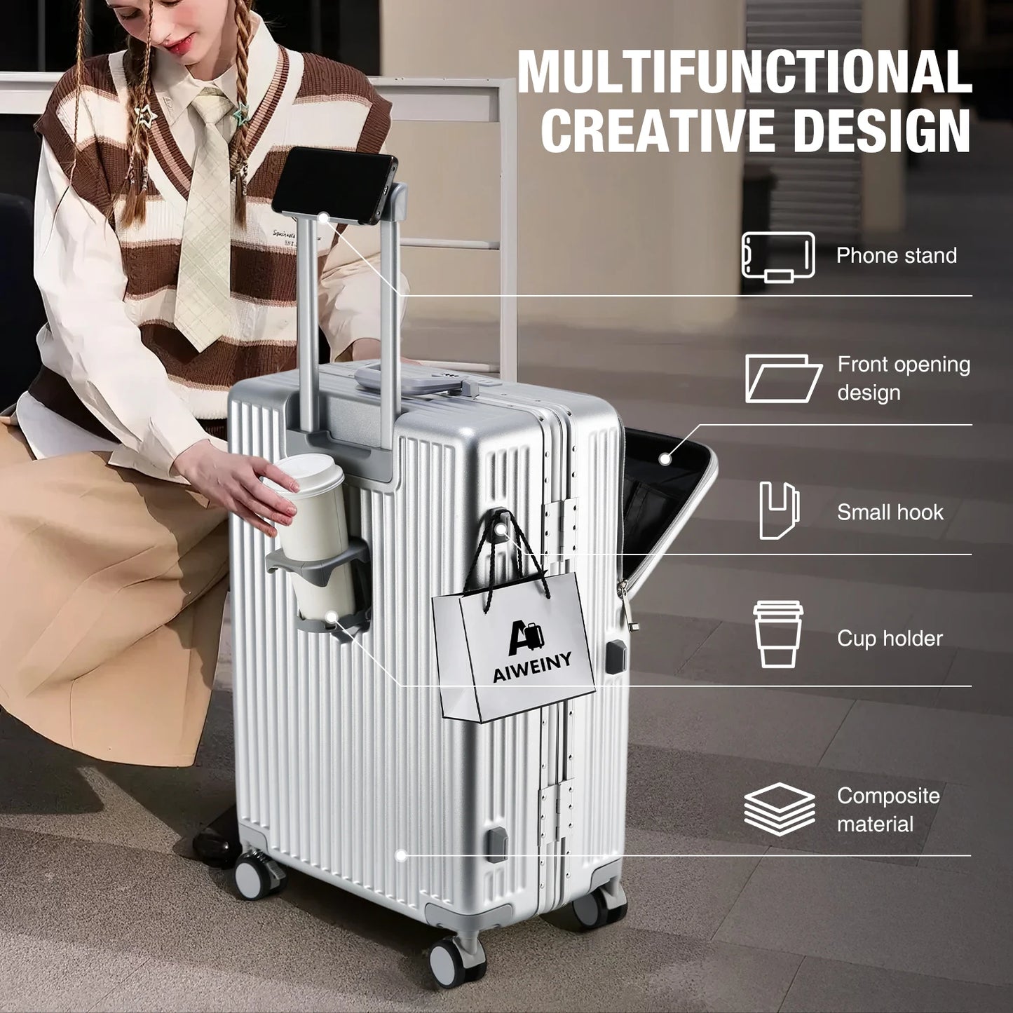 Valise rigide AIWEINY avec cadre en aluminium léger, 360 °   Valise de voyage/sur roulettes silencieuses, avec serrure TSA, avec port USB, 20/24/27 pouces