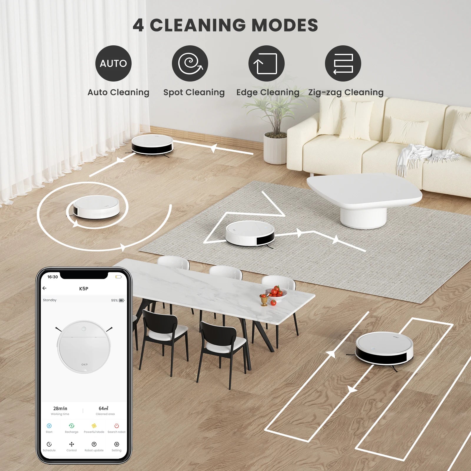 Robot aspirateur intelligent avec 4 modes de nettoyage et contrôle via smartphone dans salon moderne