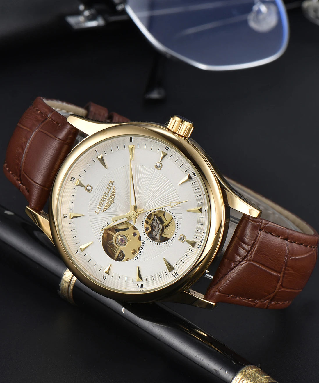 Montre automatique LONGLUX, style élégant, vente en gros, montres mécaniques squelette, cadran romain, étanche, montre homme, cadeau pour homme