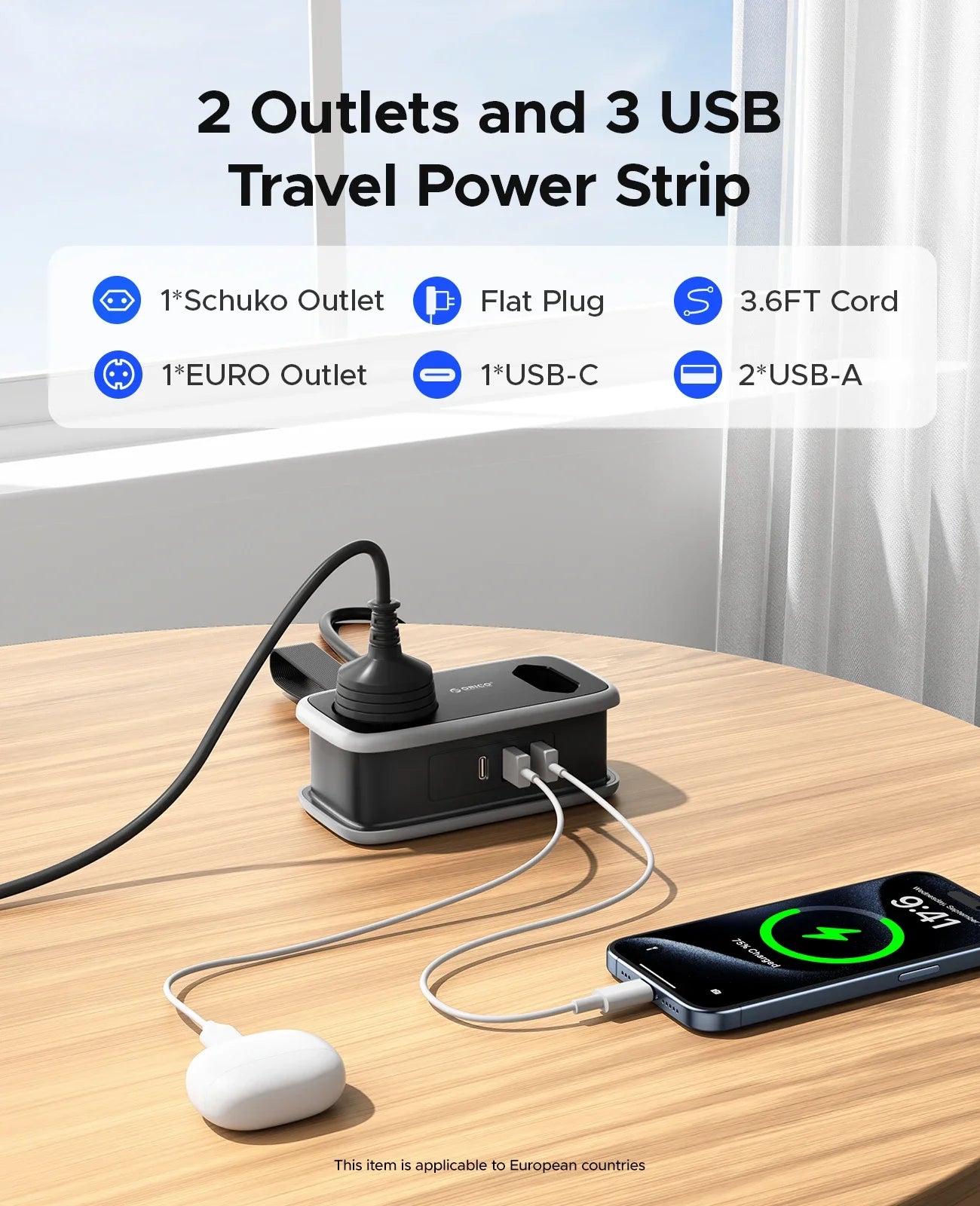 Multiprise voyage 2 prises + 3 USB, compatible Europe, charge smartphone et écouteurs sur bureau en bois