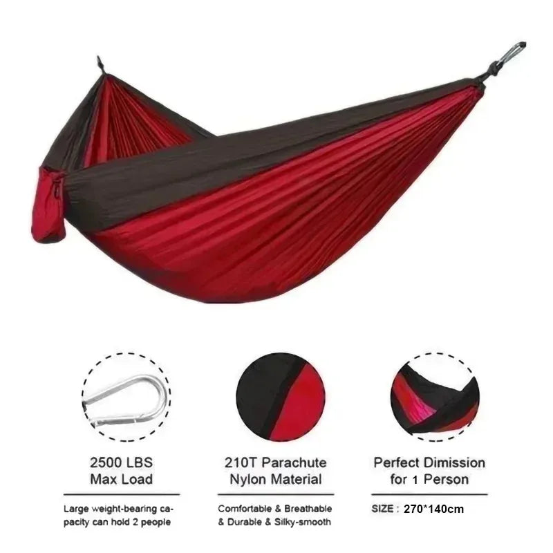Hamac de camping individuel d'extérieur, en tissu parachute de nylon coloré, lit suspendu portable haute résistance