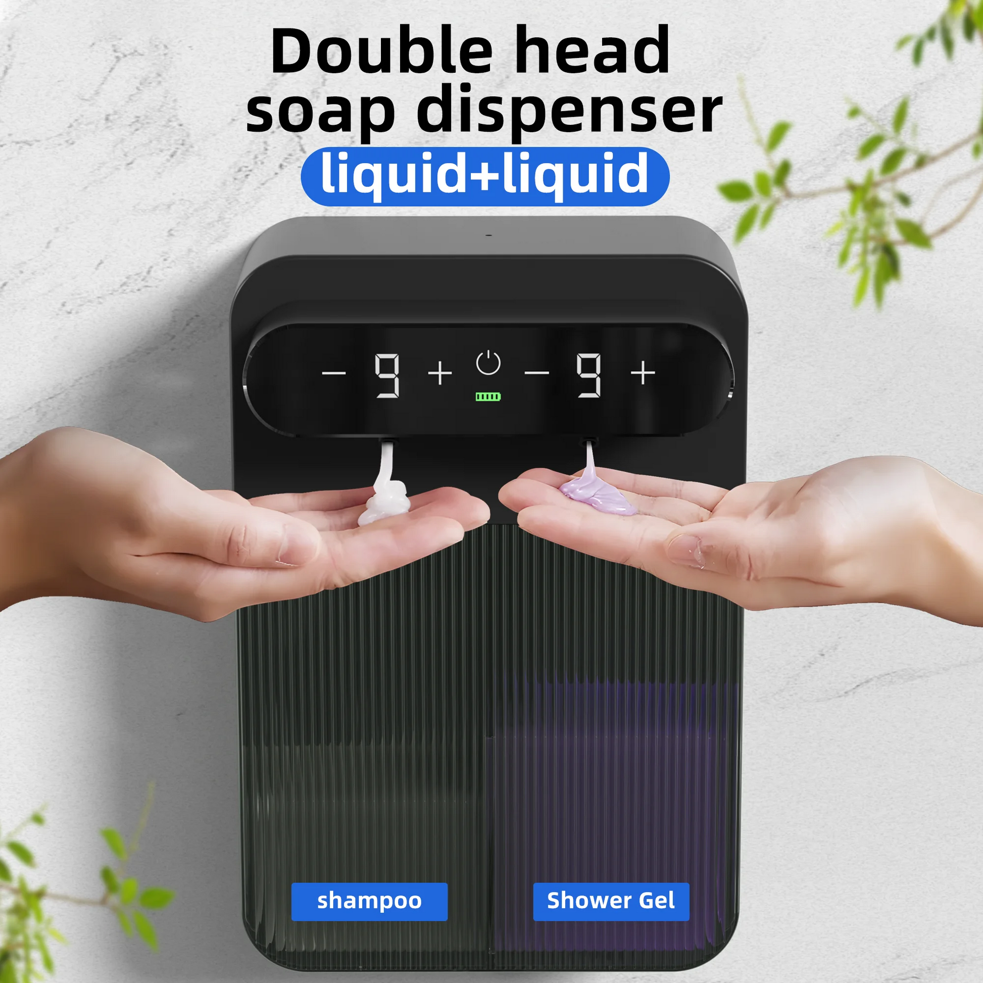 Distributeur de savon double tête pour shampoing et gel douche, design moderne avec écran numérique