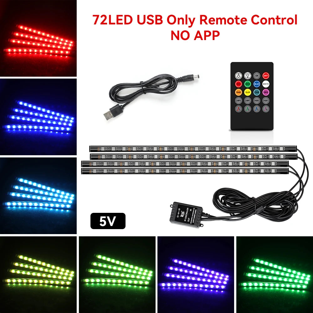 Kit de lumière d'ambiance pour intérieur de voiture, néon 36 48 72 LED, rétro-éclairage, application à distance, contrôle de la musique, lampe décorative d'ambiance RGB automatique
