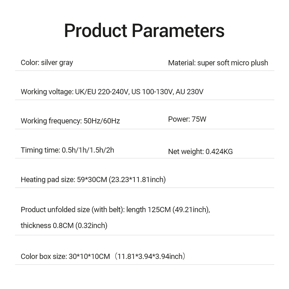 Spécifications techniques d'un gadget chauffant en micro-plush gris argenté, 75W, 220-240V
