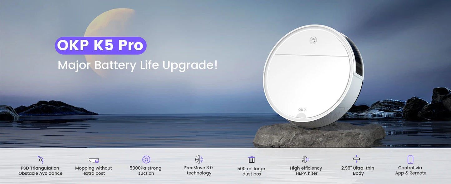 Aspirateur robot OKP K5 Pro avec batterie améliorée, navigation intelligente et contrôle via app