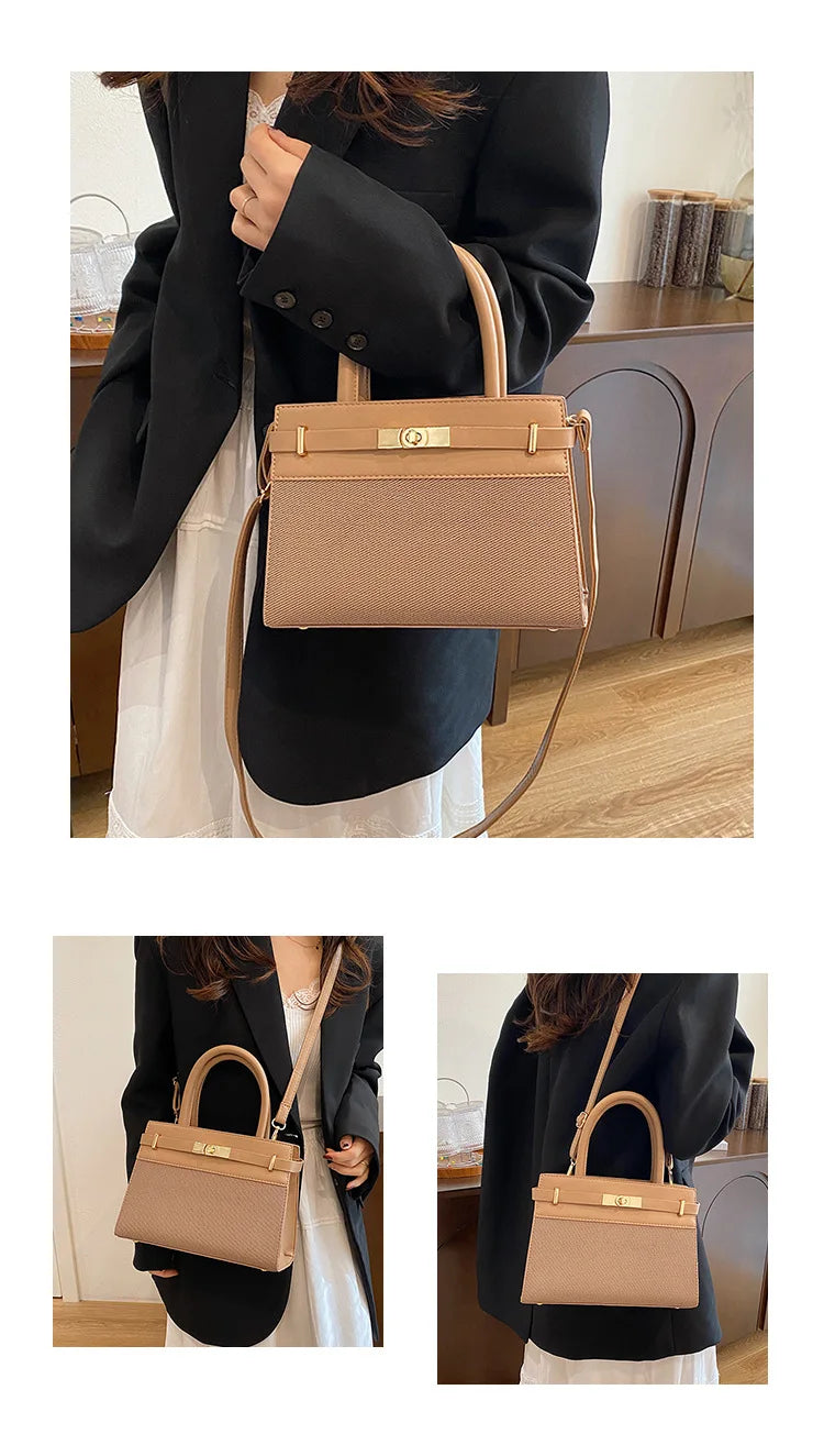 Sac à main beige élégant avec poignées et bandoulière, style moderne pour femme