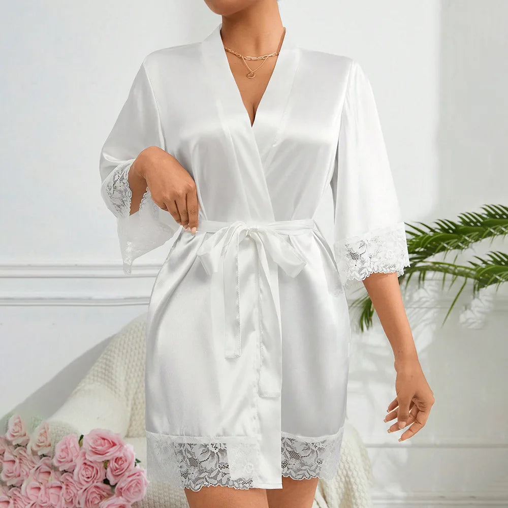 Nouvelle Robe de Nuit Élégante en Satin pour Femme 2025, Kimono Court avec Dentelle, Col en V, Ceinturé, Vêtement de Nuit de Mariée, Cadeau pour Demoiselle d'Honneur