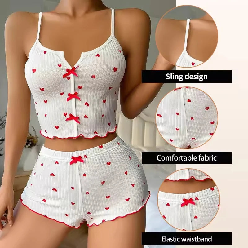 Vêtements de nuit femmes pyjamas ensemble coeur imprimé tissu côtelé doux avec glamour volants garniture décontracté Cami haut et short ensembles vêtements de détente nouveau