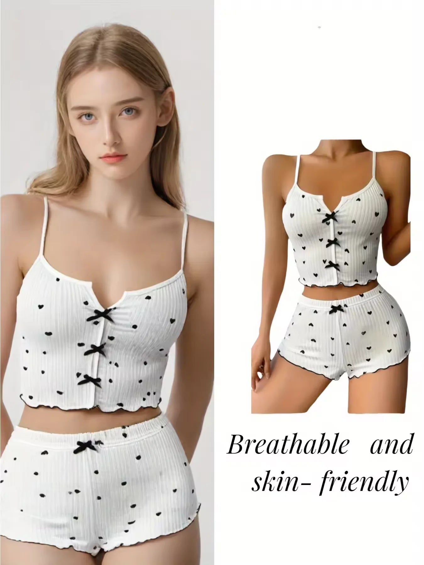 Vêtements de nuit femmes pyjamas ensemble coeur imprimé tissu côtelé doux avec glamour volants garniture décontracté Cami haut et short ensembles vêtements de détente nouveau