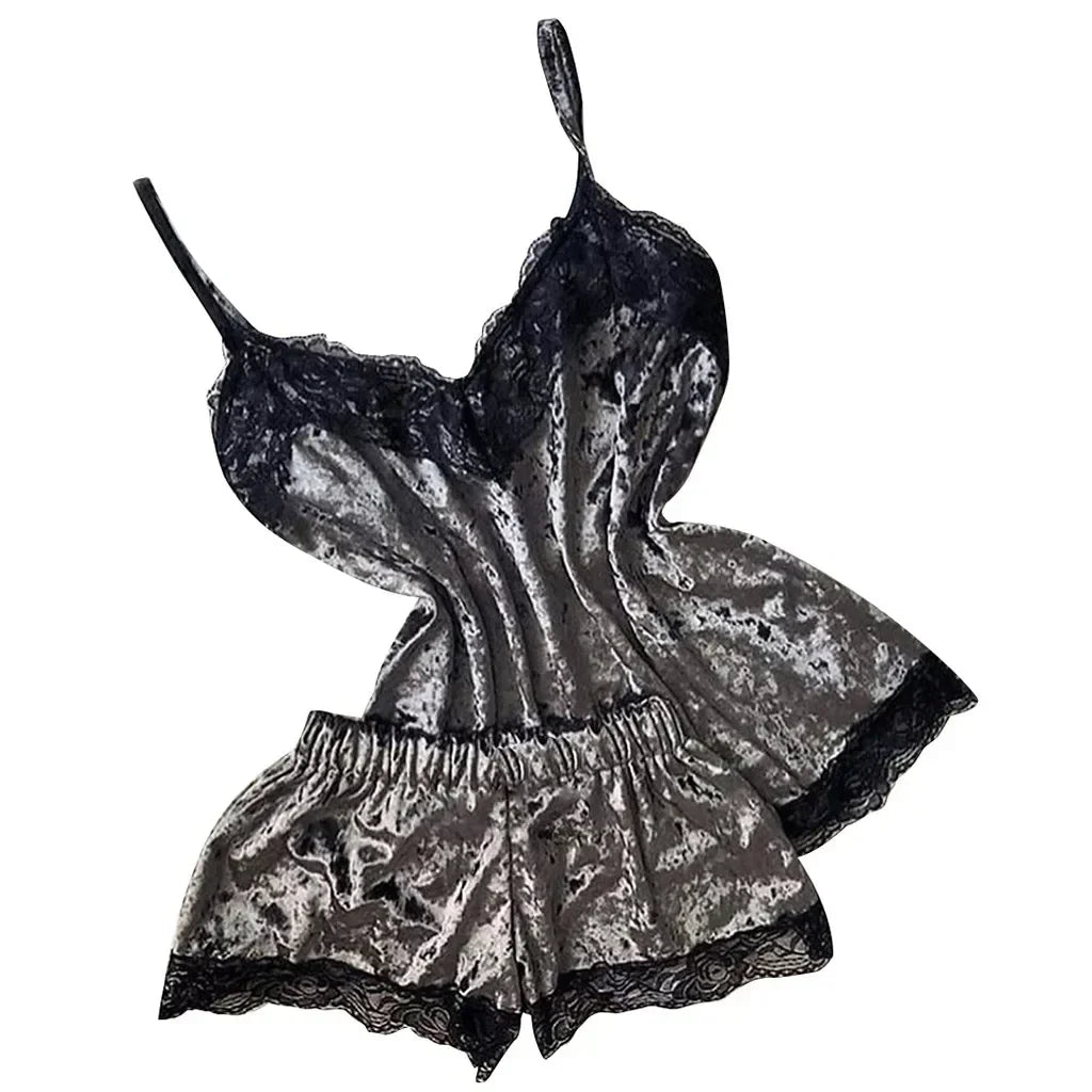 Été déshabillé en dentelle Sexy Satin pyjamas ensemble femmes chemise de nuit 2 pièces haut court et ensemble short et haut Homewear vêtements de détente