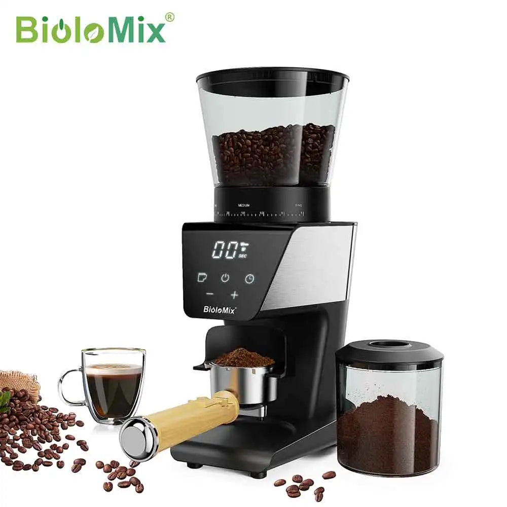 Moulin à café électrique BioloMix avec écran numérique, grains et café moulu, idéal pour amateurs de café