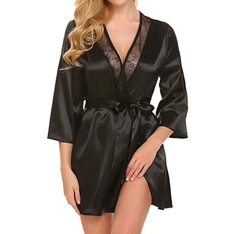 Robe de Nuit Sexy en Satin et Dentelle pour Femme, Chemise Courte, Kimono, Peignoir, Lingerie, Douce, Confortable, Noire, Grande Taille