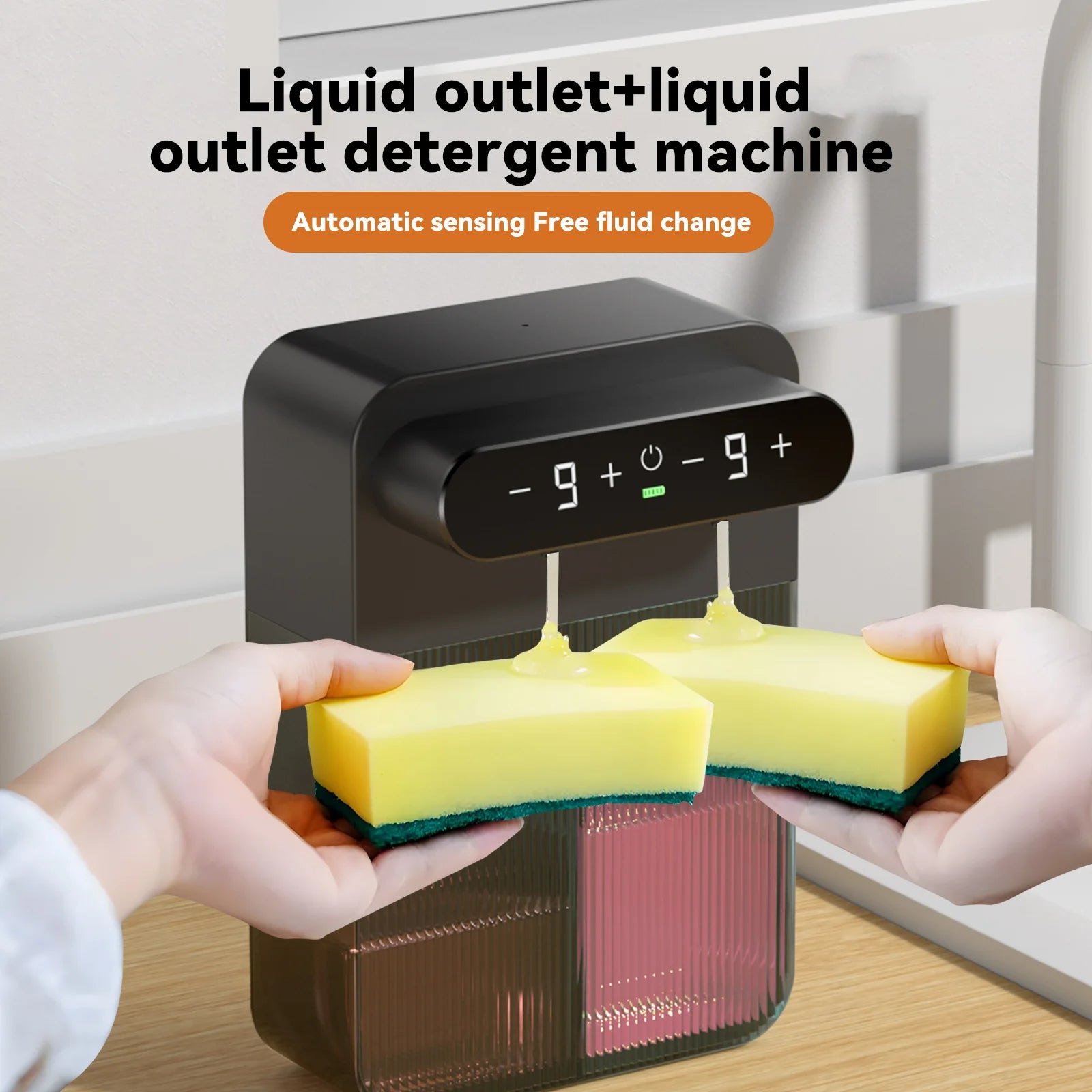 Distributeur automatique de liquide vaisselle avec double sortie, capteur intelligent et écran numérique pour cuisine moderne