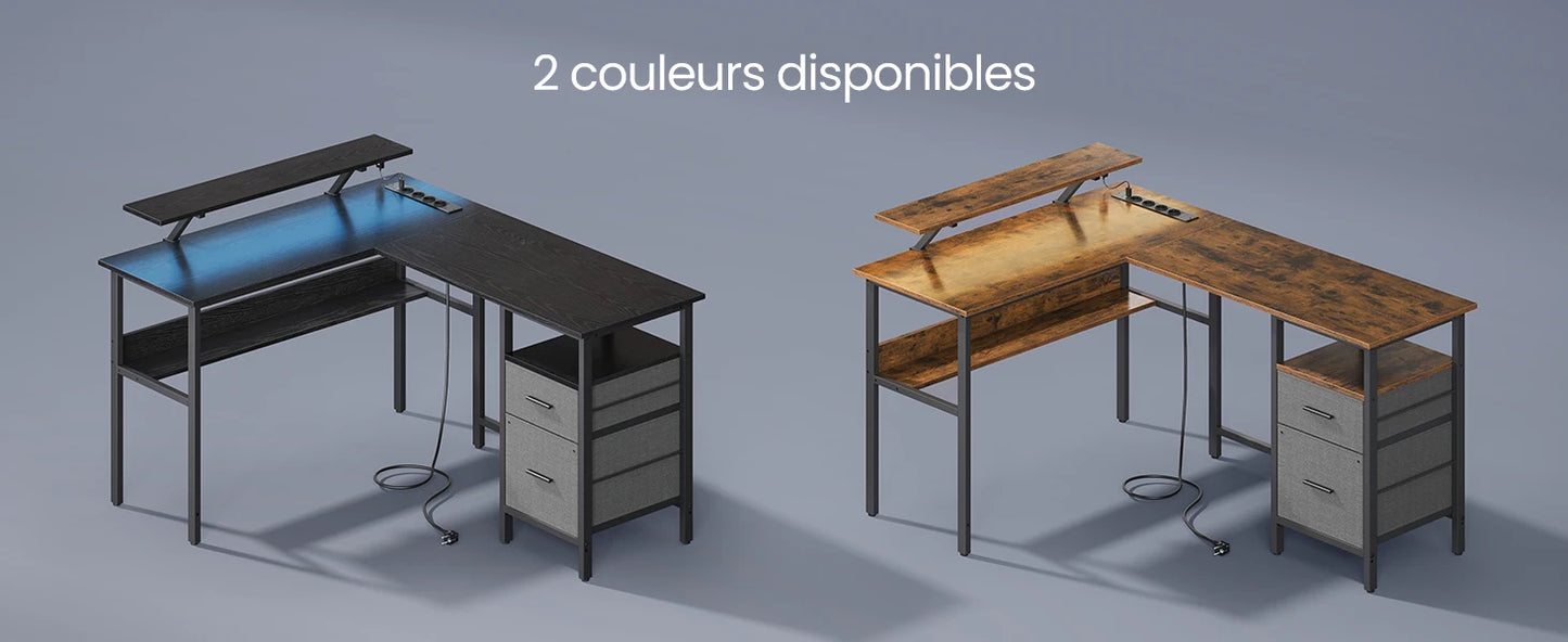 Bureau angle gaming avec tiroirs et prise USB, 2 coloris disponibles