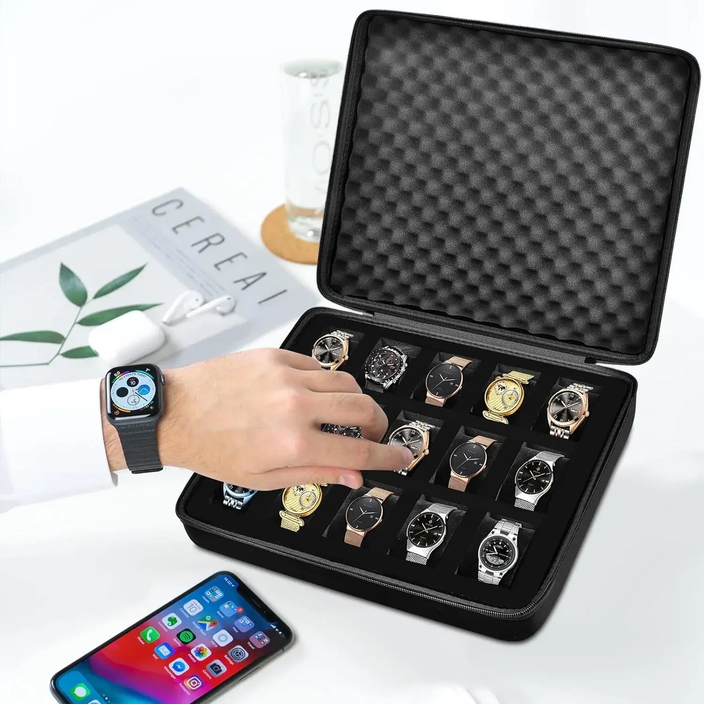 Boîte à montres à 15 emplacements / Étui de rangement pour montres pour hommes, compatible avec toutes les montres-bracelets et montres connectées jusqu'à 42 mm