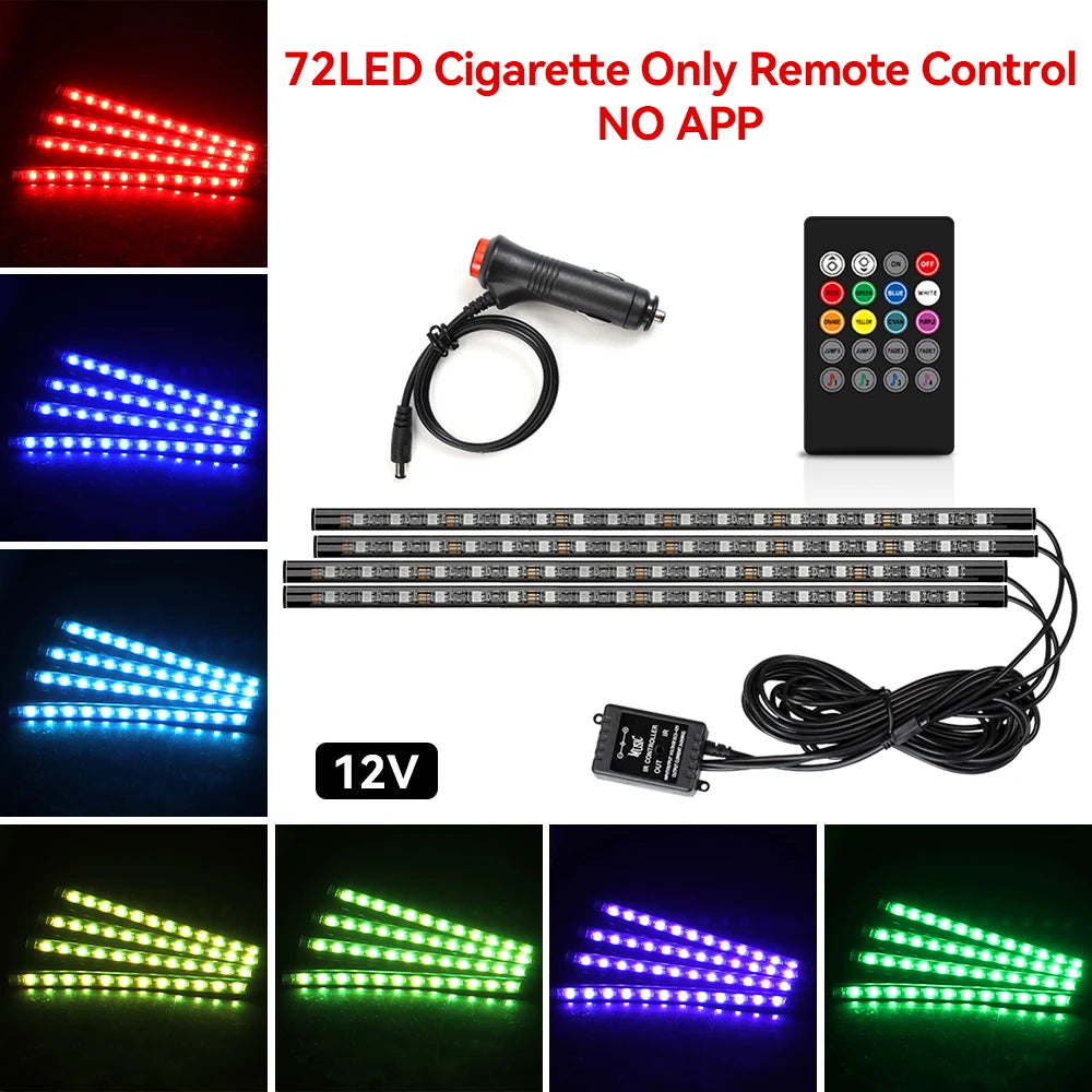 Kit de lumière d'ambiance pour intérieur de voiture, néon 36 48 72 LED, rétro-éclairage, application à distance, contrôle de la musique, lampe décorative d'ambiance RGB automatique
