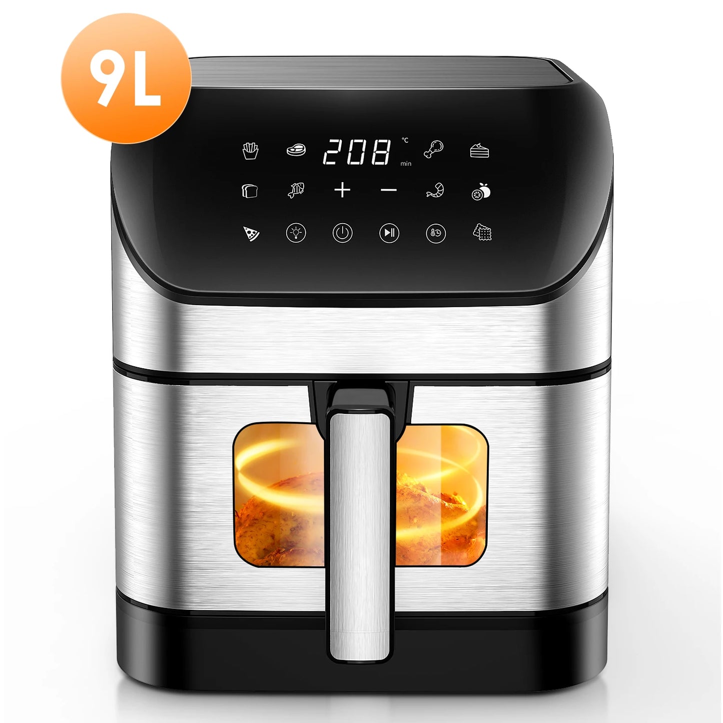Friteuse à air 9L avec écran tactile, cuisson sans huile, design inox et noir, idéale pour frites, poulet et desserts