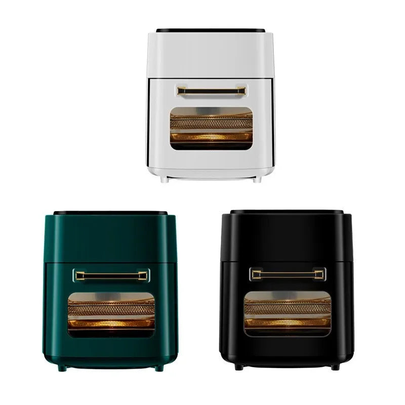 Friteuse sans huile moderne en blanc, vert foncé et noir, design compact avec hublot transparent