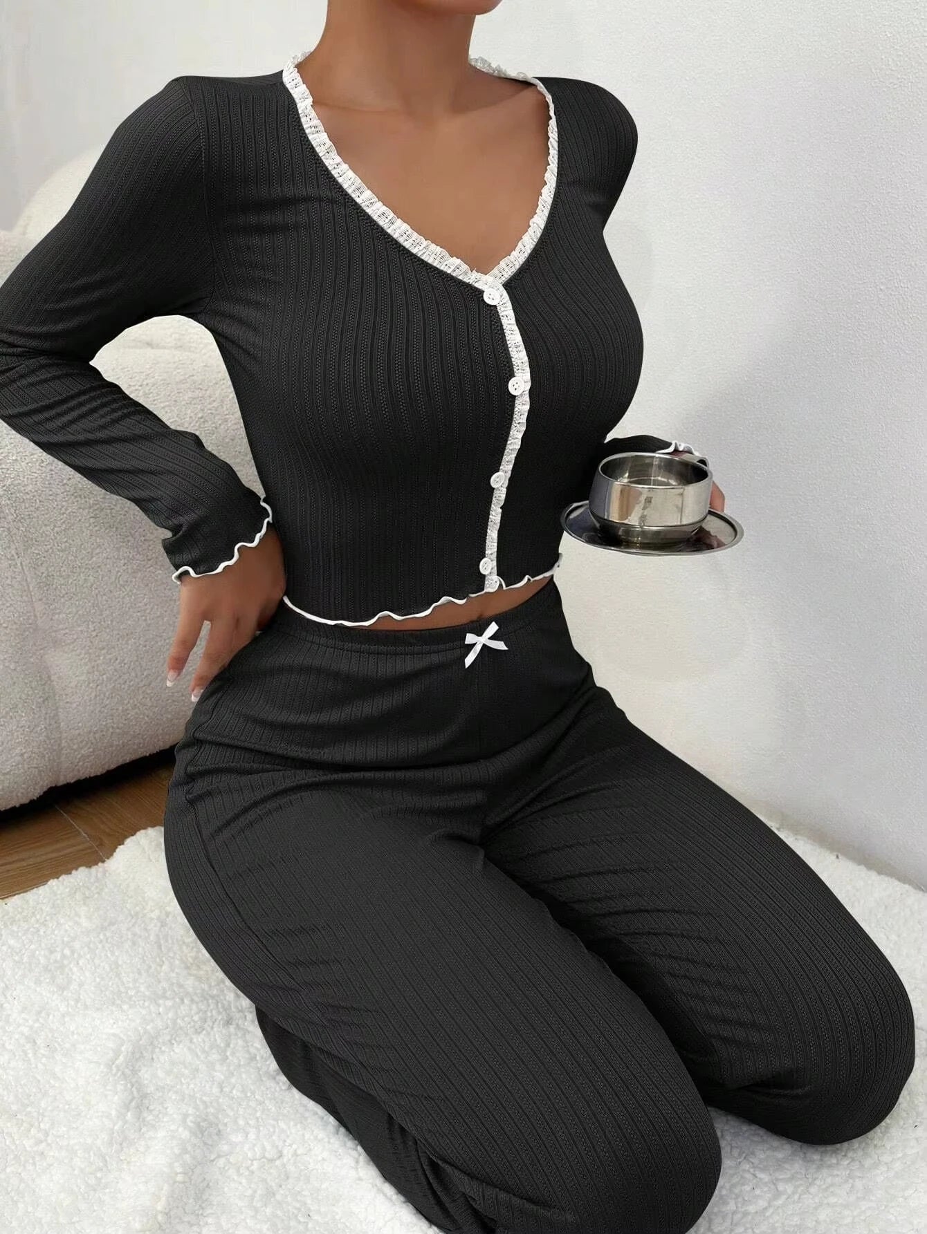 2025 automne hiver Homewear pyjamas ensemble pour femmes manches longues chemise pantalon 2 pièces Sexy dentelle Pijamas vêtements de nuit vêtements de détente