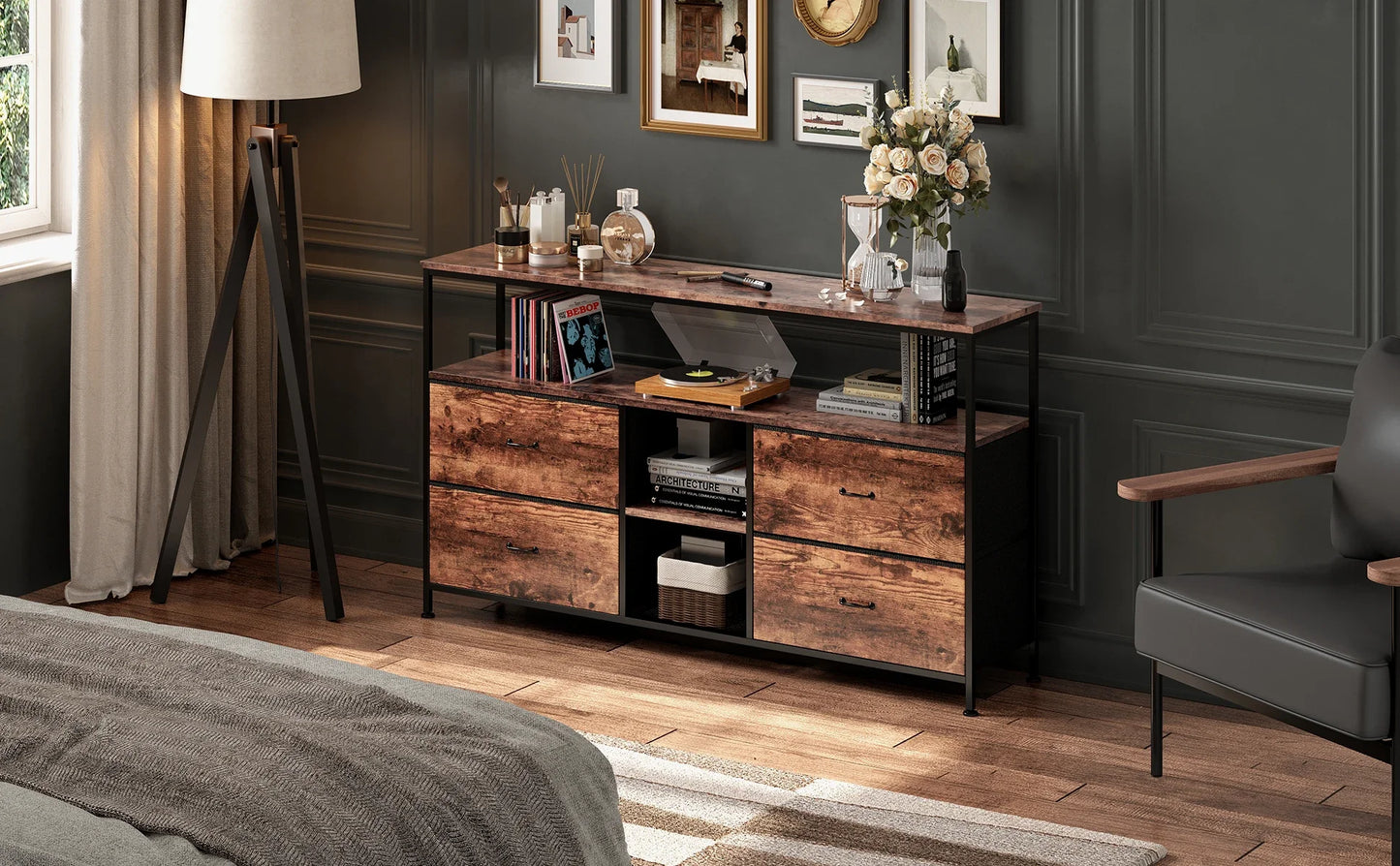 Rosahqnda Meuble TV avec 4 tiroirs, meuble TV, étagères réglables, table TV, meuble TV meuble de salon