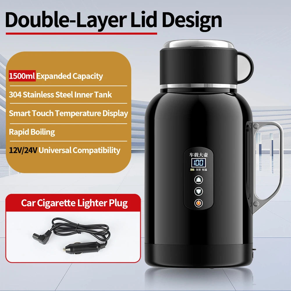 Bouilloire électrique portable 1500ml, double paroi, affichage tactile, compatible 12V/24V pour voiture