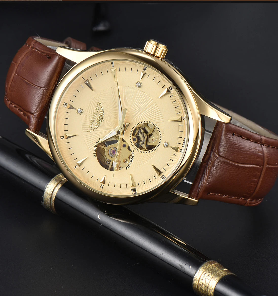 Montre automatique LONGLUX, style élégant, vente en gros, montres mécaniques squelette, cadran romain, étanche, montre homme, cadeau pour homme