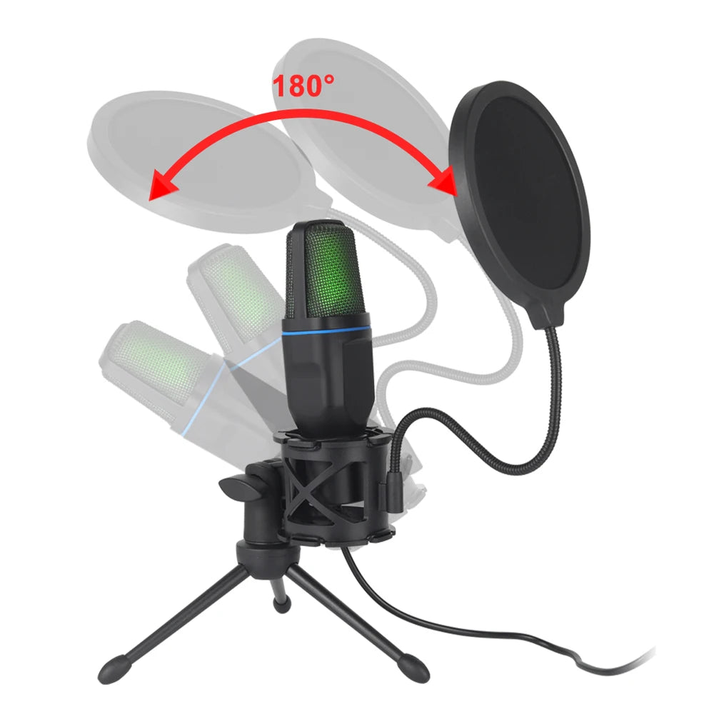 Microphone USB à condensateur RVB, fil de jeu, podcast, studio statique, streaming, ordinateur portable, ordinateur de bureau