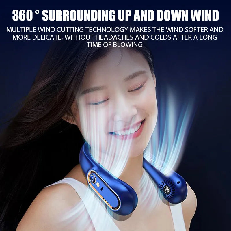 Ventilateur portable mains libres sans pales à suspendre au cou, mini-ventilateur avec affichage numérique, alimentation USB pour extérieur, randonnée, camping