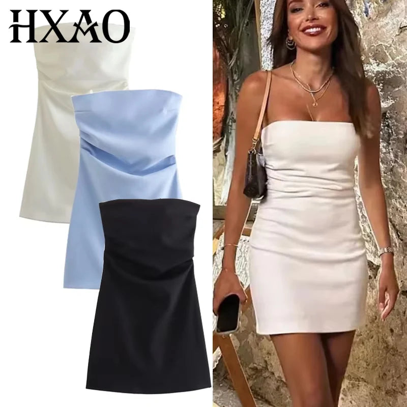 TRAF robe femmes épaules dénudées Corset robes courtes froncé dos nu bleu noir blanc robe femme Sexy moulante robes de soirée