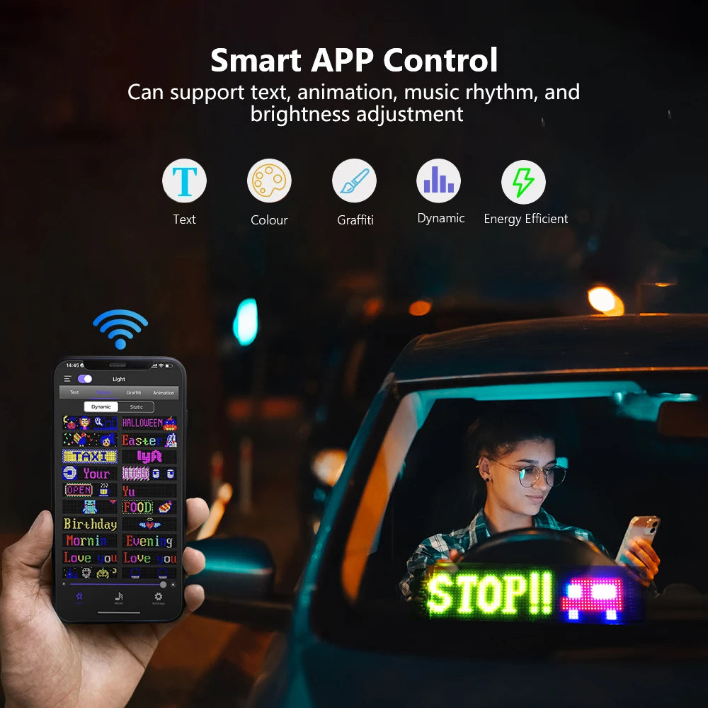 Panneau LED voiture contrôlé par appli, affichage texte et animations, économe en énergie, idéal pour sécurité routière
