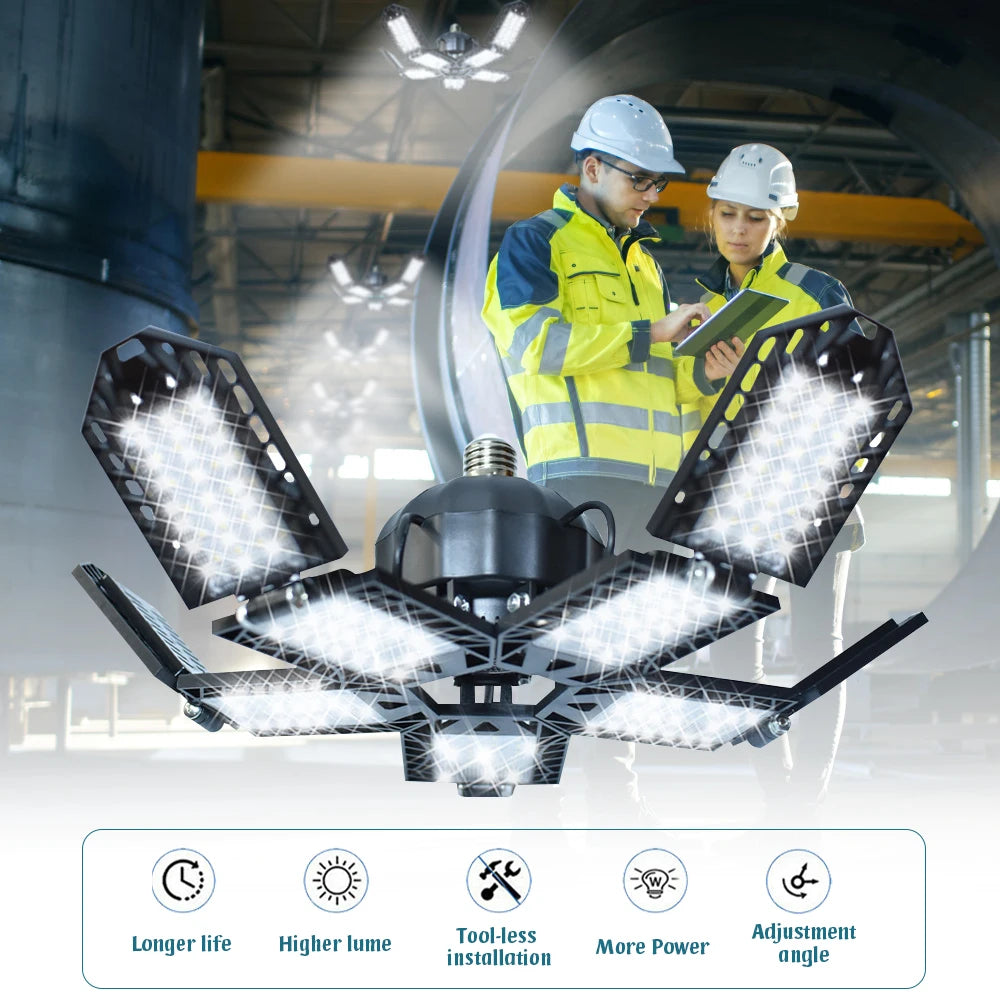 Ampoule LED industrielle à 5 panneaux réglables, lumière puissante pour atelier, installation sans outil