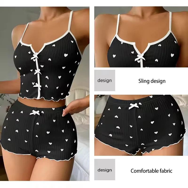 Vêtements de nuit femmes pyjamas ensemble coeur imprimé tissu côtelé doux avec glamour volants garniture décontracté Cami haut et short ensembles vêtements de détente nouveau