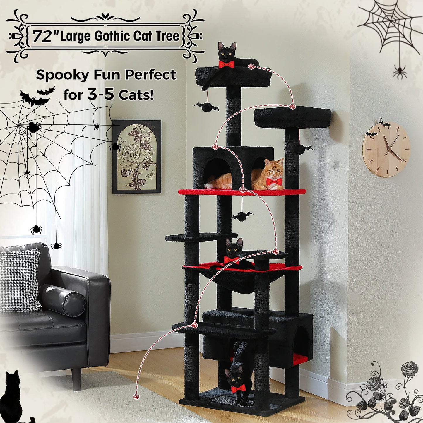 Arbre à chat gothique 72 pouces pour 3-5 chats, design effrayant avec plateformes noires et rouges, idéal Halloween
