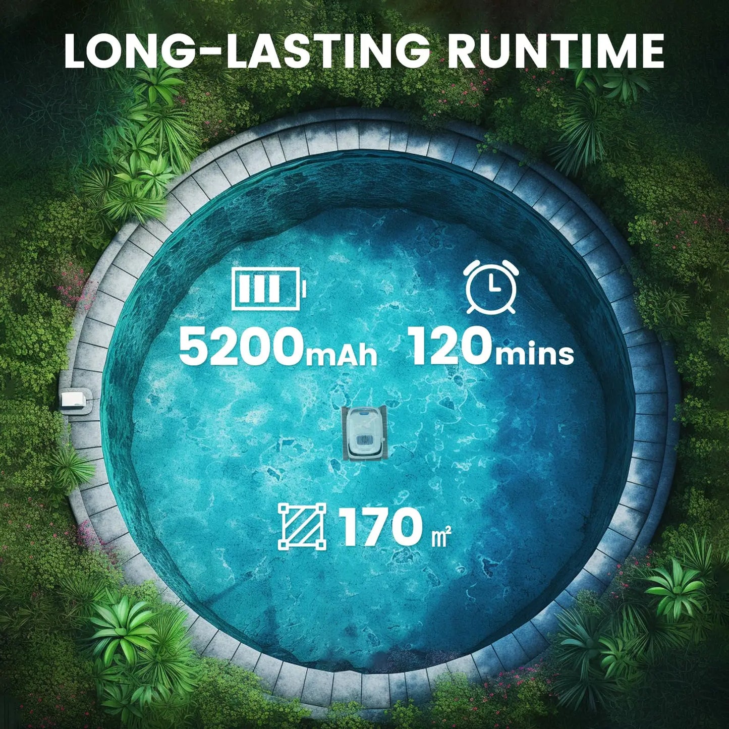 Robot nettoyeur de piscine avec batterie 5200mAh, 120 min d'autonomie, couvre 170m²